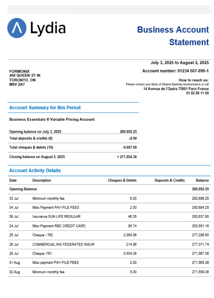 Relevé de compte de l'entreprise bancaire Lydia Noir Format Word et PDF